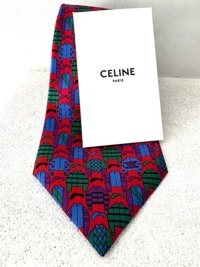 CELINE Paris Silk Tie Novelty Equestrian Print Red Blue Green Made in Spain